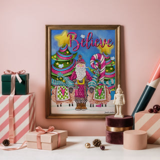 Believe Pink Santa Art Print - Christmas Trees Stars & Birds