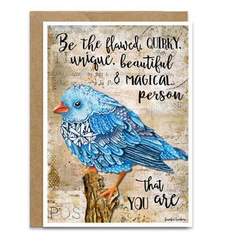 Card with a blue bird illustration and motivational quote on a textured background