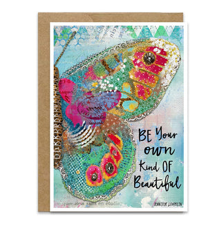 Greeting card with a colorful butterfly illustration and motivational text on a blue sky background that says be your own kind of beautiful. Artwork by Jennifer Lambein.