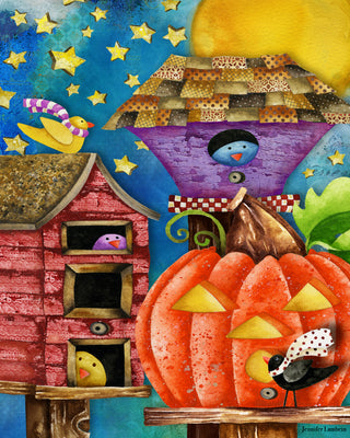 Birdies & Birdhouses Art Print - Cute Bird & Pumpkin Halloween