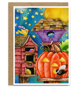 Birdies & Birdhouses Greeting Card - Cute Halloween Art