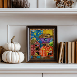 Birdies & Birdhouses Art Print - Cute Bird & Pumpkin Halloween