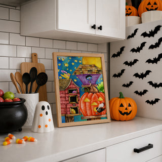 Birdies & Birdhouses Art Print - Cute Bird & Pumpkin Halloween