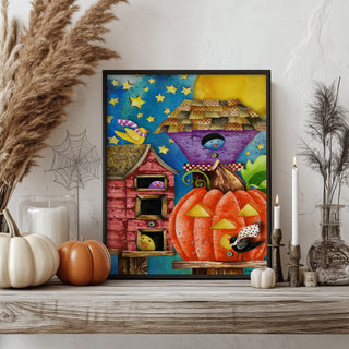 Birdies & Birdhouses Art Print - Cute Bird & Pumpkin Halloween