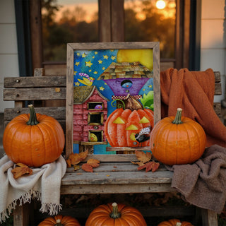 Birdies & Birdhouses Art Print - Cute Bird & Pumpkin Halloween