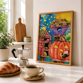 Birdies & Birdhouses Art Print - Cute Bird & Pumpkin Halloween