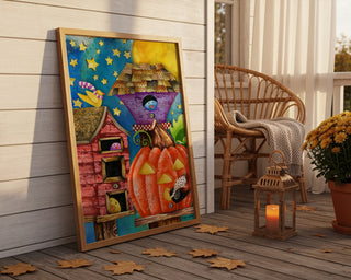 Birdies & Birdhouses Art Print - Cute Bird & Pumpkin Halloween