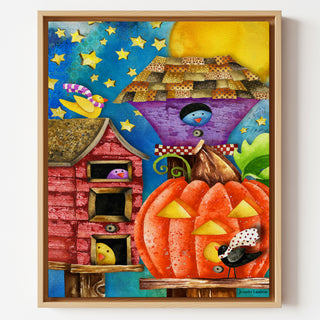 Birdies & Birdhouses Art Print - Cute Bird & Pumpkin Halloween