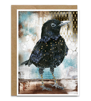 A greeting card with a whimsical watercolor blackbird on it. Artwork by Jennifer Lambein. 