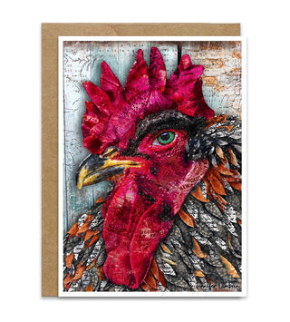 A greeting card with a whimsical mixed media rooster that has butterflies on him. Artwork by Jennifer Lambein. 