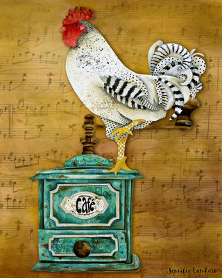 Cafe Music Rooster Art Print - Watercolor Coffee Chicken Bird