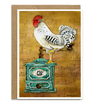 A greeting card with a black and white rooster on top of a vintage teal coffee grinder with a retro brown musical note background. Artwork by Jennifer Lambein. 