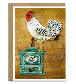 Cafe Music Rooster Greeting Card - Coffee Chicken Bird Art Notecard
