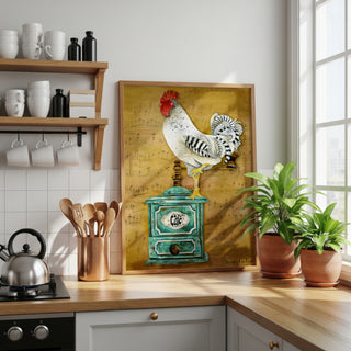 Cafe Music Rooster Art Print - Watercolor Coffee Chicken Bird
