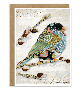 A whimsical watercolor bird greeting card. Artwork by jennifer Lambein. 
