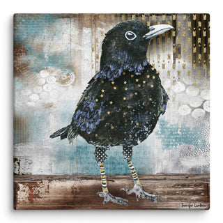 A canvas print with a cute rustic boho cottagecore watercolor blackbird. He has gold stars on him. Artwork by Jennifer Lambein. 