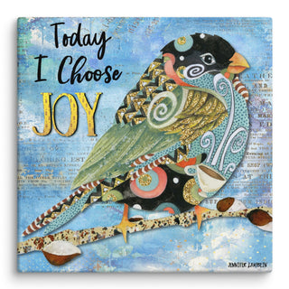 A square canvas print with a whimsical bird on it on a blue background that says, "Today I choose joy." Artwork by Jennifer Lambein. 