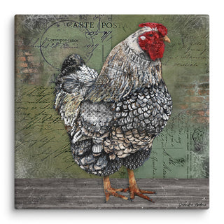 A canvas print with a whimsical farmhouse hen on a rustic green background. Artwork by Jennifer Lambein. 