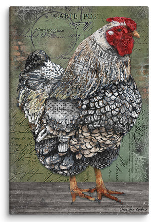 A canvas print with a rustic black and white rooster on a green background. Artwork by Jennifer Lambein