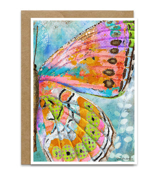 A boho cottagecore greeting card with a bright and whimsical butterfly wing on a blue background. Artwork by Jennifer Lambein. 