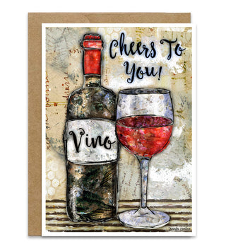 A greeting card featuring a rustic bottle of red wine and wine glass that says, "Cheers to you!". Artwork by Jennifer Lambein. 
