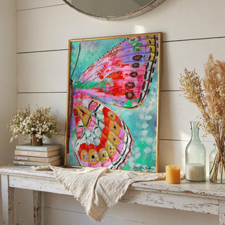 Cherry Mint Butterfly Wing Art Print - Bright Coastal Garden Decor