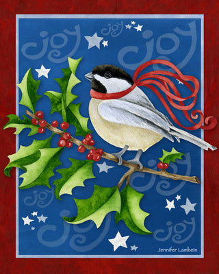 Chickadee Joy Art Print - Holly Berries And Stars