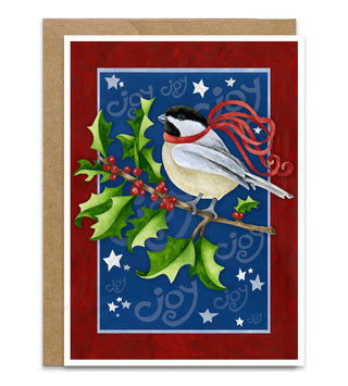 A Christmas card with a cute watercolor chickadee on a holly berry branch on a blue sky background with stars. Artwork by Jennifer Lambein. 