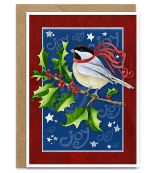 Chickadee Joy Christmas Card - Nature Holly Berries Bird And Stars