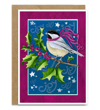 A Christmas card with a cute watercolor chickadee on a pink holly berry branch on a blue sky background with stars. Artwork by Jennifer Lambein. 