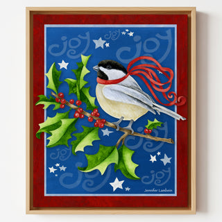 Chickadee Joy Art Print - Holly Berries And Stars