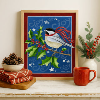 Chickadee Joy Art Print - Holly Berries And Stars