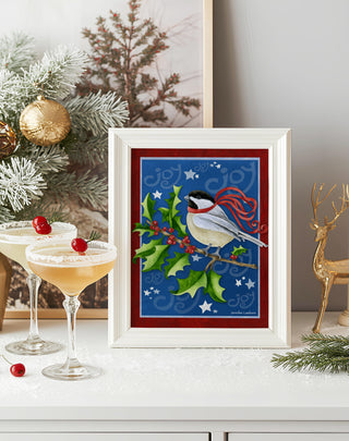 Chickadee Joy Art Print - Holly Berries And Stars