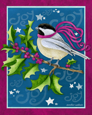 Chickadee Joy Art Print - Pink Holly Berries And Stars
