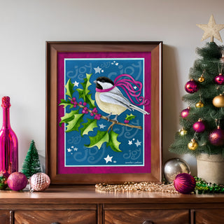 Chickadee Joy Art Print - Pink Holly Berries And Stars