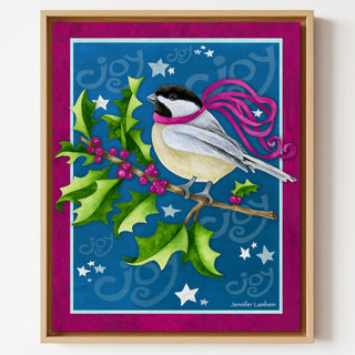 Chickadee Joy Art Print - Pink Holly Berries And Stars
