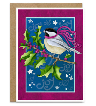 Chickadee Joy Christmas Card - Nature Bird Pink Holly Berries & Stars