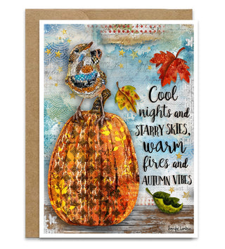 Autumn Vibes Greeting Card - Fall Leaves, Bird & Pumpkin Art
