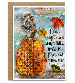 Autumn Vibes Greeting Card - Fall Leaves, Bird & Pumpkin Art