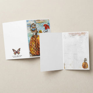 Autumn Vibes Greeting Card - Fall Leaves, Bird & Pumpkin Art