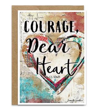 Greeting card with heart design and 'Courage, dear heart' text on a textured background with artwork by Jennifer Lambein. 
