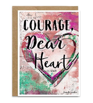 A greeting card with a kraft paper envelope, featuring a colorful pink abstract heart design with the text 'COURAGE, Dear Heart' C.S. Lewis. Artwork by Jennifer Lambein. 