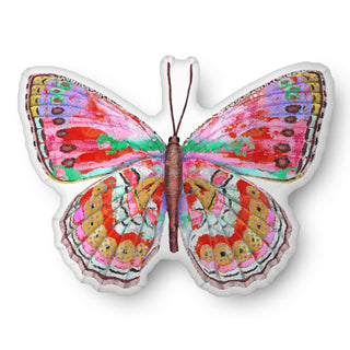 A whimsical boho throw pillow shaped like a butterfly. Artwork by Jennifer Lambein. 