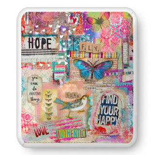 A rectangular shaped throw pillow with a whimsical boho cottagecore collage on it. It says find your happy, authentic, love, you can do amazing things, hope, fly and soar. There's a bird and butterflies on it. Artwork by Jennifer Lambein. 