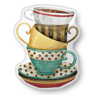 A throw pillow in the custom shape of retro watercolor coffee and tea cups. Bright and boho. Artwork by Jennifer Lambein. 