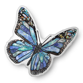 A throw pillow custom shaped as a blue boho butterfly. Artwork by Jennifer Lambein. 