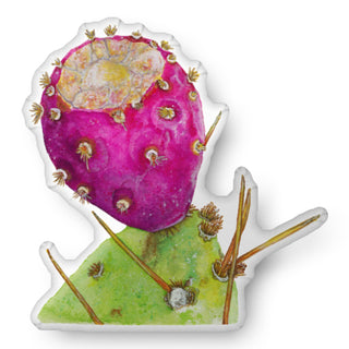 A custom shaped throw pillow shaped like a watercolor prickly pear cactus fruit. Artwork by Jennifer Lambein. 