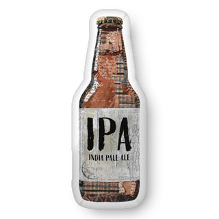 A custom shaped throw pillow in the shape of an IPA beer bottle. Artwork by Jennifer Lambein. 