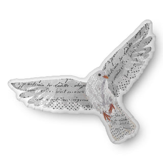 A custom shaped throw pillow in the shape of a boho dove bird. Artwork by Jennifer Lambein. 