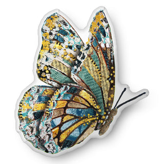 A custom shaped throw pillow in the shape of a golden yellow and blue butterfly. Artwork by Jennifer Lambein. 